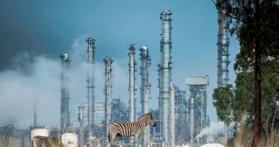 Zèbre (Equus quagga) vivant parmi les prairies clôturées et hautement sécurisées qui entourent la plus grande usine de traitement du charbon d'Afrique du Sud, Mpumalanga, Afrique du Sud, juillet 2016.